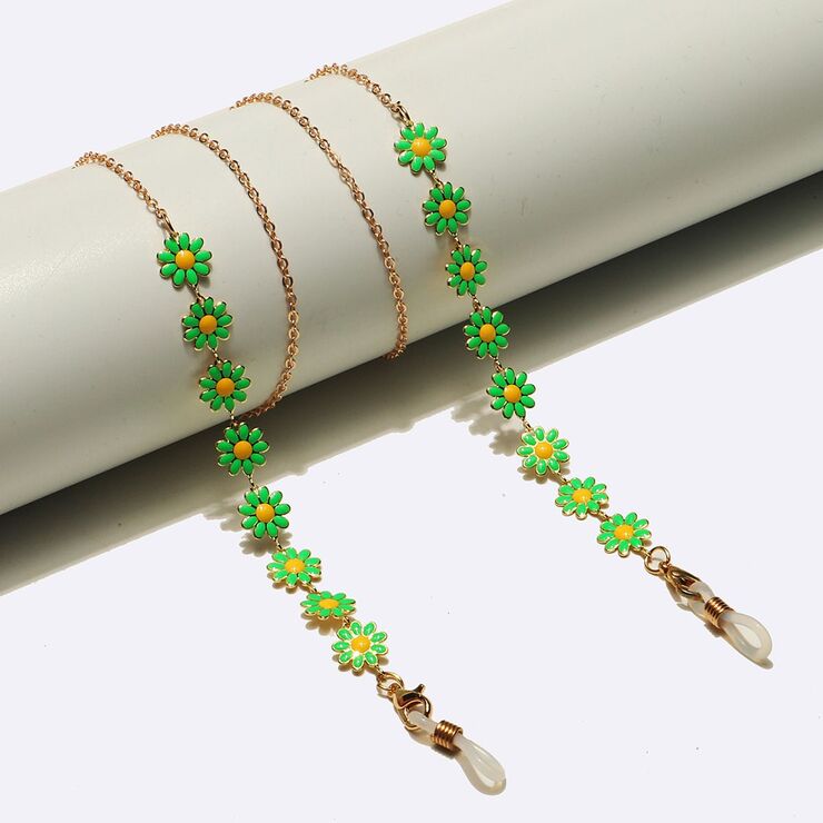 Gold-colored metal non-slip chain, with green daisy, for glasses and masks GL1647