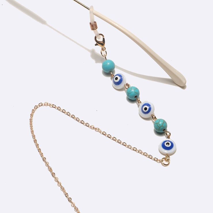 Gold-colored metal non-slip chain, with turquoise beads and blue eyes, for glasses and masks GL1741