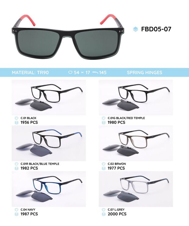 TR90 plastic frames with a sun protection clip-on FBD05-07