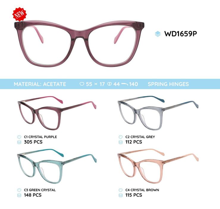 Plastic acetate eyeglasses frame with spring hinges WD1659P