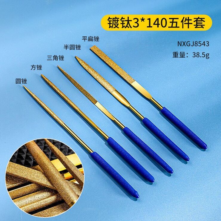 Electroplated diamond files, gold with blue handles, set of 5 pieces