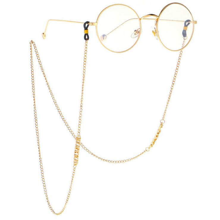 Металлическая нескользящая цепочка золотого цвета, с текстом 