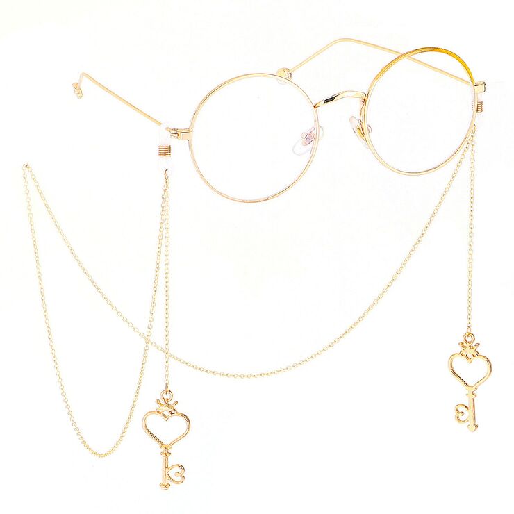 Gold-colored metal non-slip chain, with pendant key style heart, for glasses and masks GL408