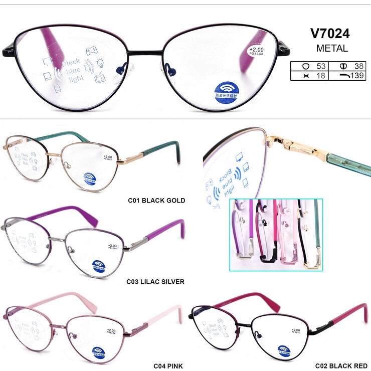 Women's metal eyeglasses with flex hinges Vizzini V7024 BLOCK BLUE LIGHT dioptries to -8.00