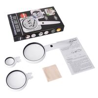 Magnifier with universal backlight, magnifying glass with handle 77790+75+37-XX, diameter 90 mm, 75 mm, 37 mm, magnification: 3,5Х, 5Х, 11Х