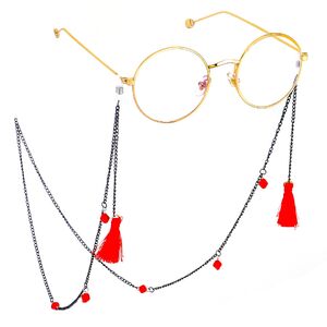 Black-colored metal non-slip chain, with red tassel and crystal, for glasses and masks GL503