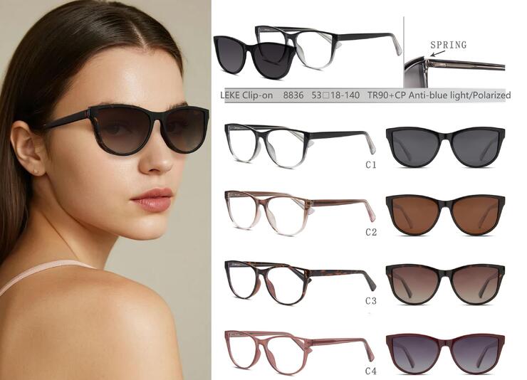 Plastic TR90+CP eyeglasses frame with blue ray cut protection, with spring hinges + sun protection polarized clip-on Leke LK8836