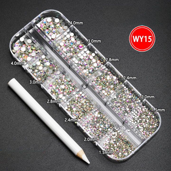 Rhinestones set with pointed bottom for glasses decorating + pen, AB color, 1.5-4.0 mm, TH0003 WY-15 (price per pack, min. order- 3)