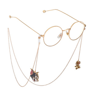 Gold-colored metal non-slip chain, with pendant cat and mouse, for glasses and masks GL759