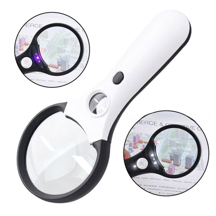 Magnifier with universal backlight, magnifying glass with handle 7505-XX, diameter 75 mm, magnification: 3Х, 45Х