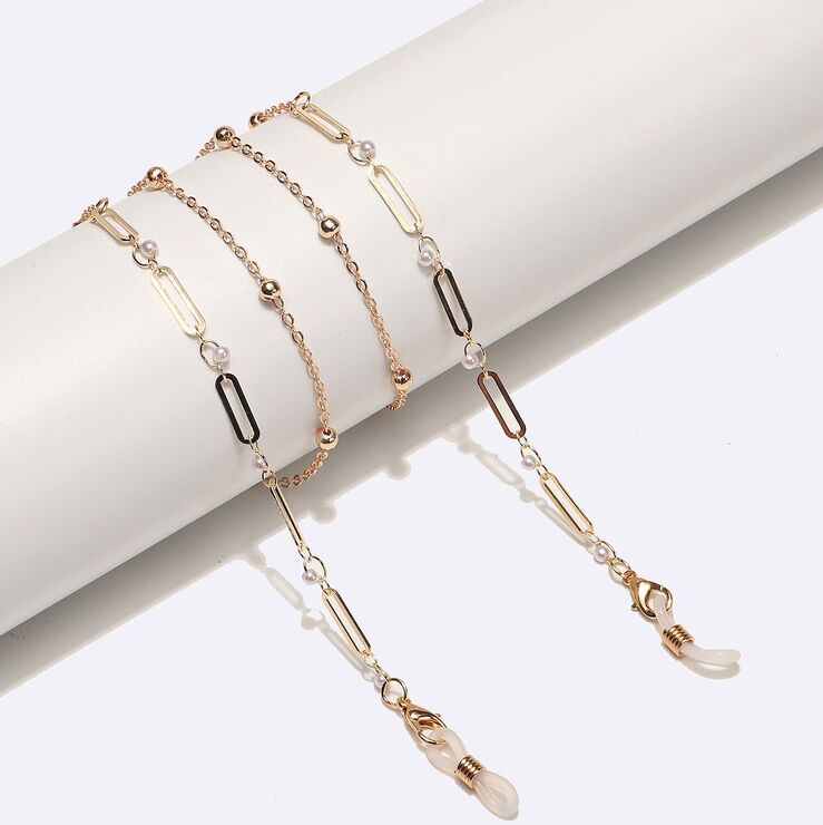 Gold-colored metal non-slip chain, with pearl and oval, for glasses and masks GL1719
