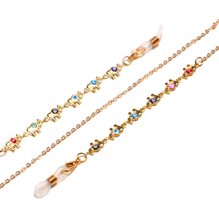 Gold-colored metal non-slip chain, with colorful elephant, for glasses and masks GL1650
