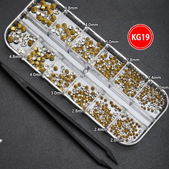 Rhinestones set with pointed bottom for glasses decorating + tweezers, transparent, 2-4.8 mm, TH0003 KG-19 (price per pack, min. order- 3)