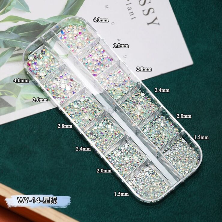 Набор страз с плоским дном для украшения оправ и очков, 12 видов, от 1.3 до 4 мм,星陨12格盒装 WY-14 (цена за упаковку, мин. заказ - 3 уп