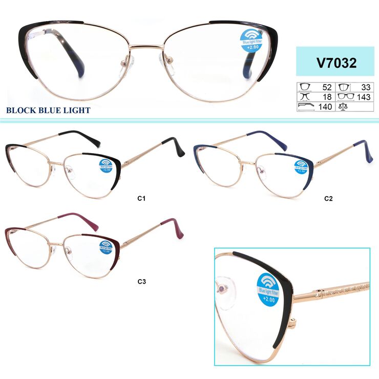 Ready-made metal frame glasses Vizzini V7032, block blue light, plastic lens, diopters +0.75 to +4.00 (step 0.25)