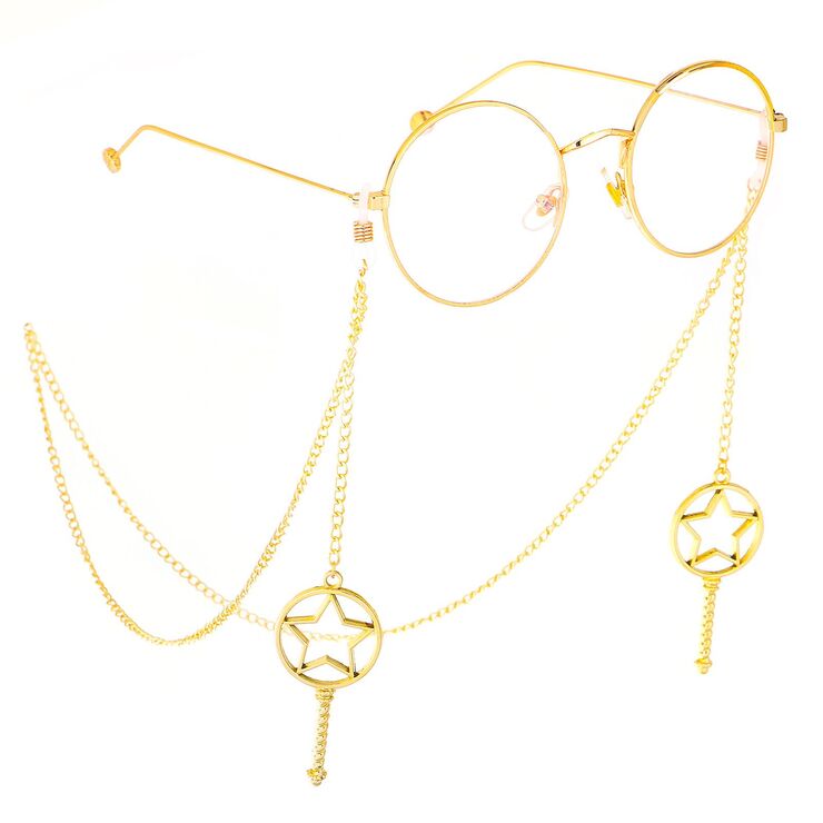 Gold-colored metal non-slip chain, with pendant style star and magic wand, for glasses and masks GL376