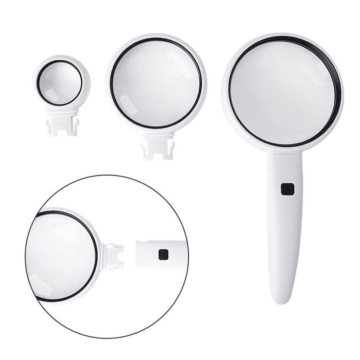 Magnifier with universal backlight, magnifying glass with handle 77790+75+37-XX, diameter 90 mm, 75 mm, 37 mm, magnification: 3,5Х, 5Х, 11Х