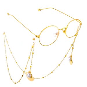Gold-colored metal non-slip chain, with pendant pearl fan-shaped and beads, for glasses and masks GL575