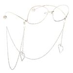 Silver-colored metal non-slip chain, with pendant heart and rhinestones, for glasses and masks GL610