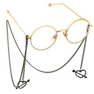 Black-colored metal non-slip chain, with pendant hollow heart-piercing, for glasses and masks GL543