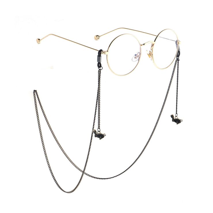 Black-colored metal non-slip chain, with pendant rabbit, for glasses and masks GL776