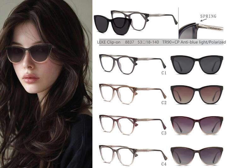 Plastic TR90+CP eyeglasses frame with blue ray cut protection, with spring hinges + sun protection polarized clip-on Leke LK8837