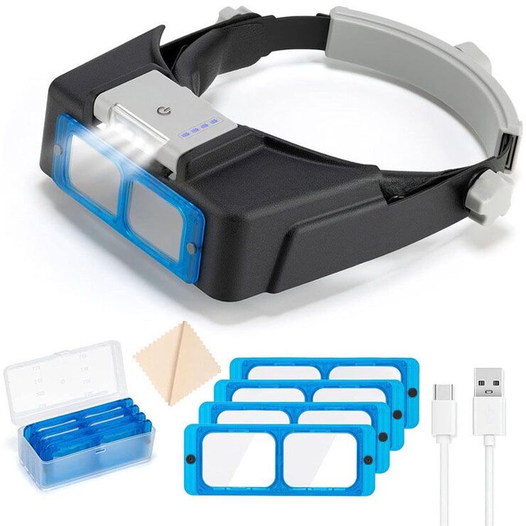 Illuminated binocular magnifier, magnifying glass with head mount 518B-XX, magnification: 1,5X, 2X, 2,5X, 3,5X