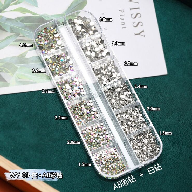 A set of rhinestones with a flated bottom for decorating frames and glasses, 12 grid, 白+AB彩钻12格盒装 WY-03 (price per pack, minimum 3)