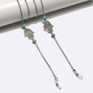 Silver-colored metal non-slip chain, with pendant palm and turquoise beads, for glasses and masks GL238-1