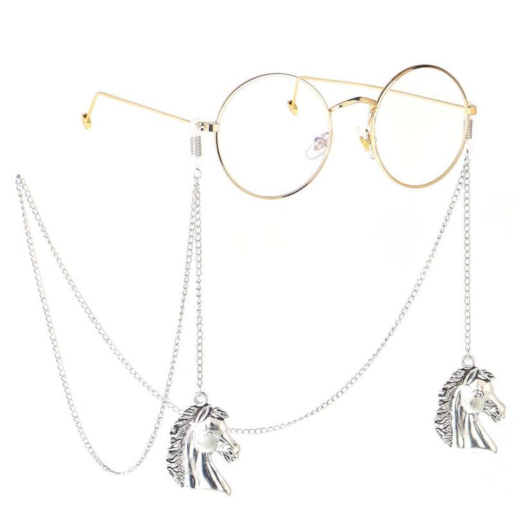 Silver-colored metal non-slip chain, with horse pendant, for glasses and masks GL208
