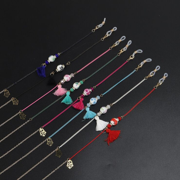 Металлическая нескользящая цепочка золотого цвета, с керамическими бусинами и кисточками, для очков и масок GL924