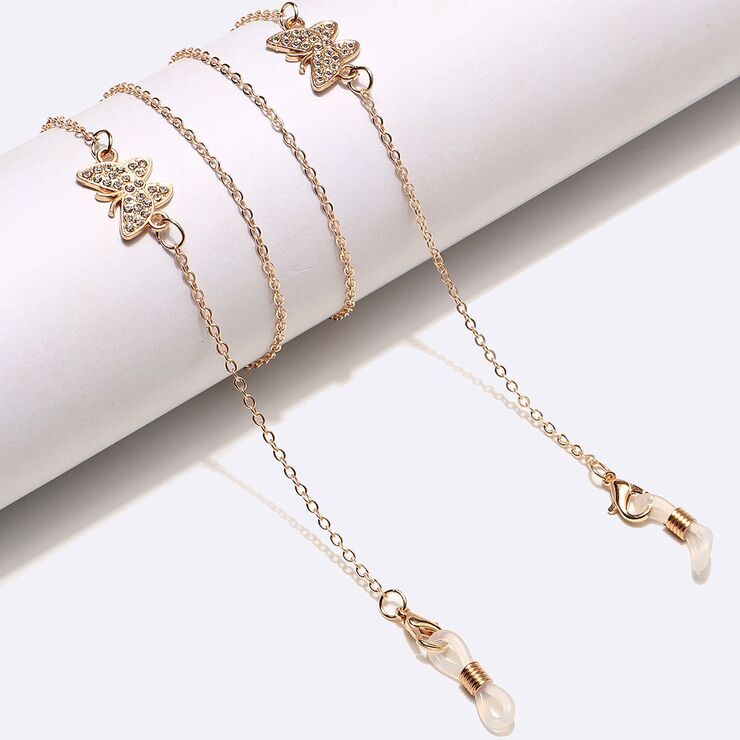 Gold-colored metal non-slip chain, with butterfly with rhinestines, for glasses and masks GL1456