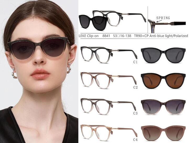Plastic TR90+CP eyeglasses frame with blue ray cut protection, with spring hinges + sun protection polarized clip-on Leke LK8841