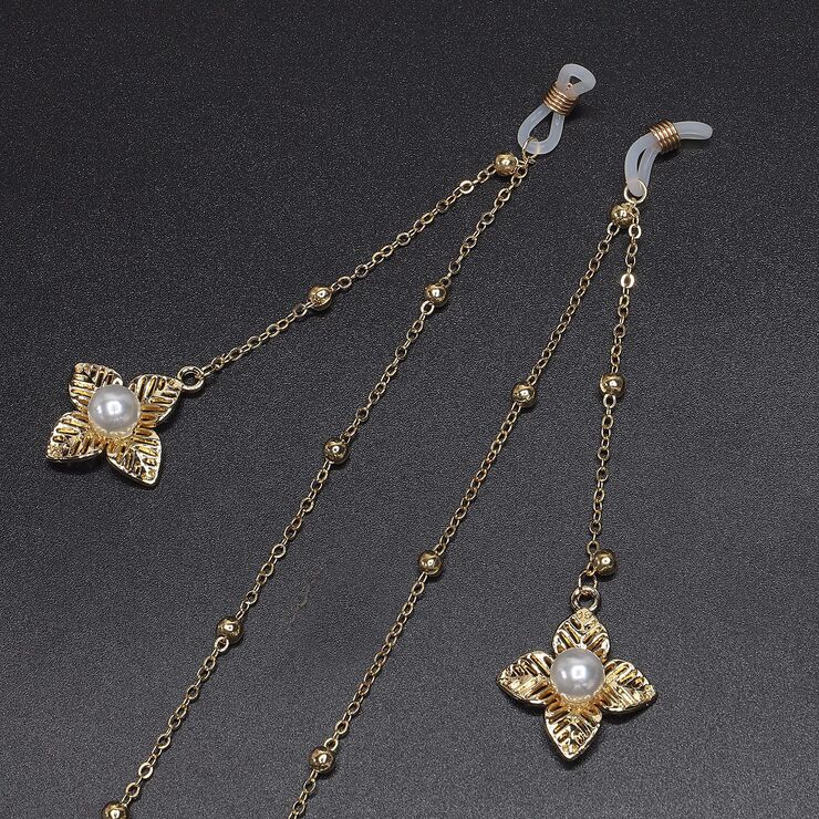 Gold-colored metal non-slip chain, with pendant leaf and pearl, for glasses and masks GL548
