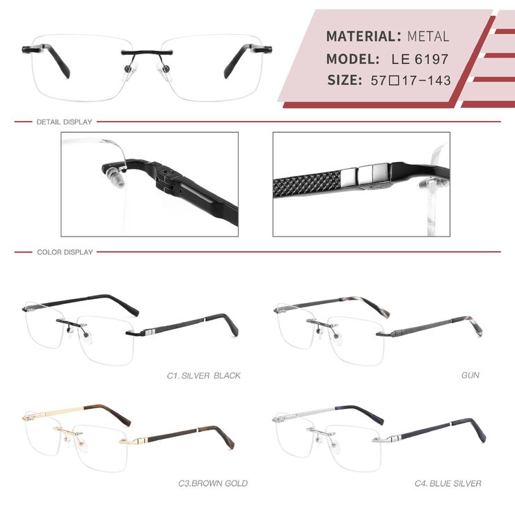 Metal rimless on screws frame for men with spring hinges LE6197-DA