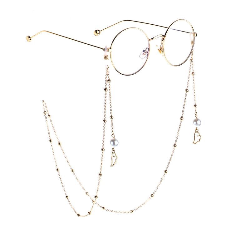 Gold-colored metal non-slip chain, with pendant wings of angel and pearl, for glasses and masks GL817