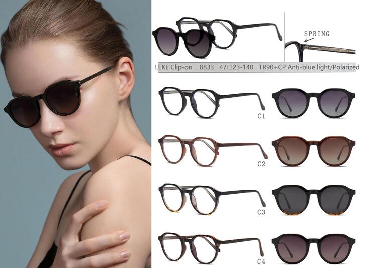 Plastic TR90+CP eyeglasses frame with blue ray cut protection, with spring hinges + sun protection polarized clip-on Leke LK8833