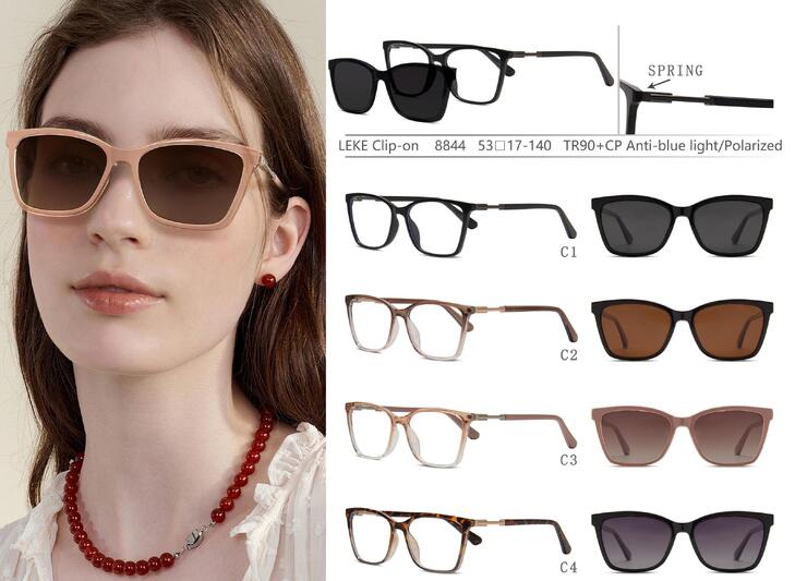 Plastic TR90+CP eyeglasses frame with blue ray cut protection, with spring hinges + sun protection polarized clip-on Leke LK8844
