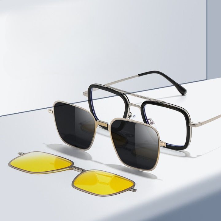 Оправа комбинированная, металл + пластик с защитой от синего света + 2 магнитные солнцезащитные насадки (клипон) 7701-GT