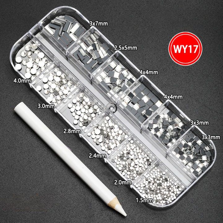 Rhinestones set with pointed bottom for glasses decorating + pen, transparent, 1.5-4.0 / 3-7 mm, TH0003 WY-17 (price per pack, min. order- 3)