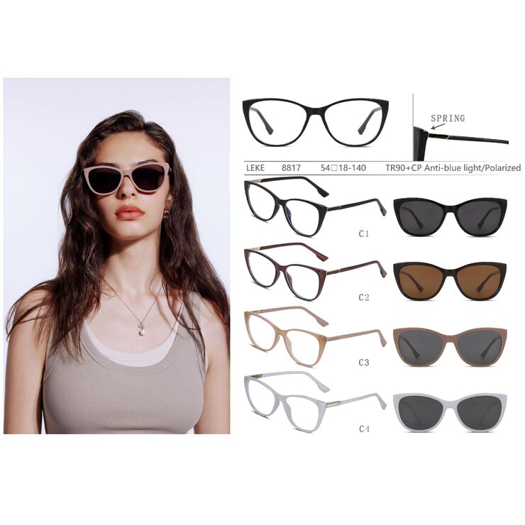 Plastic TR90+CP eyeglasses frame with blue ray cut protection, with spring hinges + sun protection polarized clip-on Leke LK8817