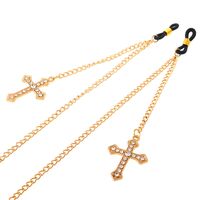 Gold-colored metal non-slip chain, with pendant cross with rhinestones, for glasses and masks GL022