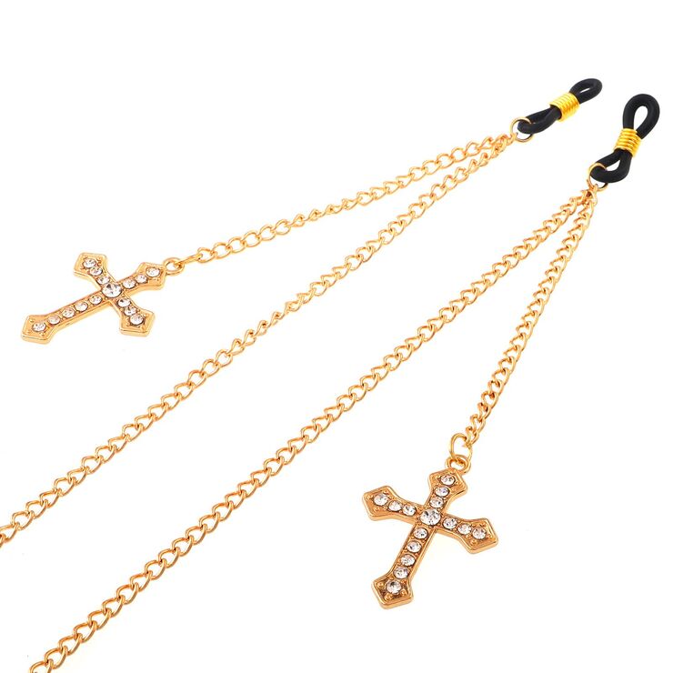 Gold-colored metal non-slip chain, with pendant cross with rhinestones, for glasses and masks GL022