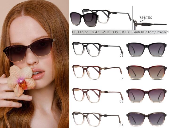 Plastic TR90+CP eyeglasses frame with blue ray cut protection, with spring hinges + sun protection polarized clip-on Leke LK8847