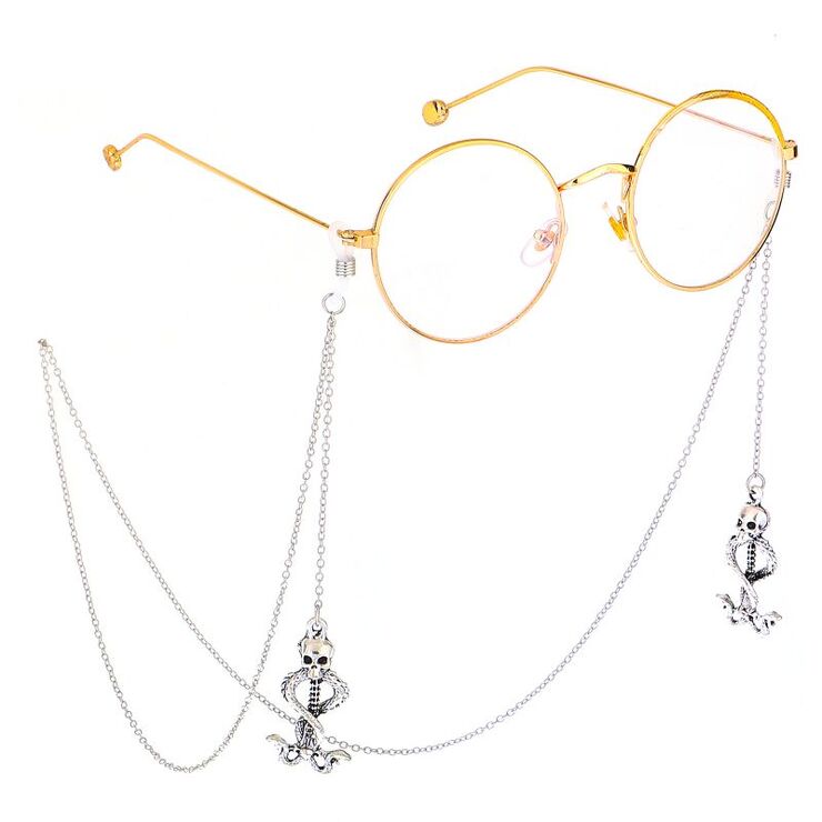 Металлическая нескользящая цепочка серебряного цвета, с подвеской в виде змей с черепом, для очков и масок GL475