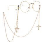 Gold-colored metal non-slip chain, with pendant cross with rhinestones, for glasses and masks GL022