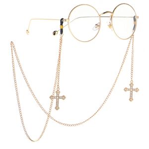 Gold-colored metal non-slip chain, with pendant cross with rhinestones, for glasses and masks GL022