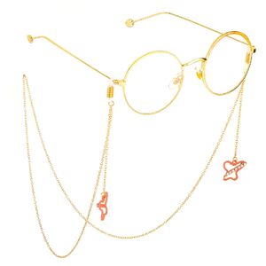 Gold-colored metal non-slip chain, with pendant pink butterfly with rhinestone, for glasses and masks GL711