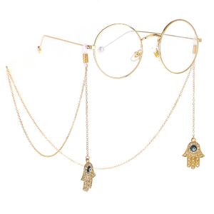 Gold-colored metal non-slip chain, with pendant palm and rhinestone, for glasses and masks GL245