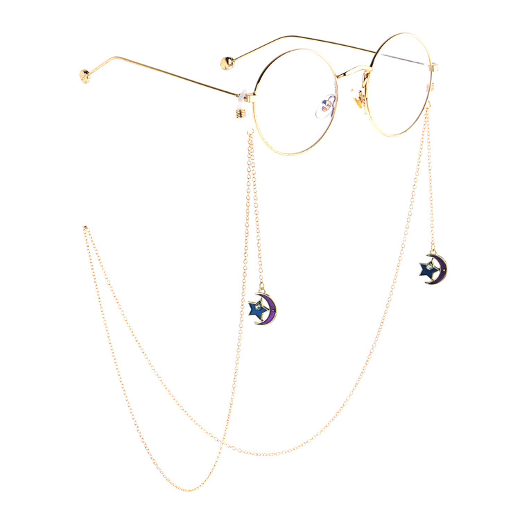 Gold-colored metal non-slip chain, with pendant moon and star, for glasses and masks GL813